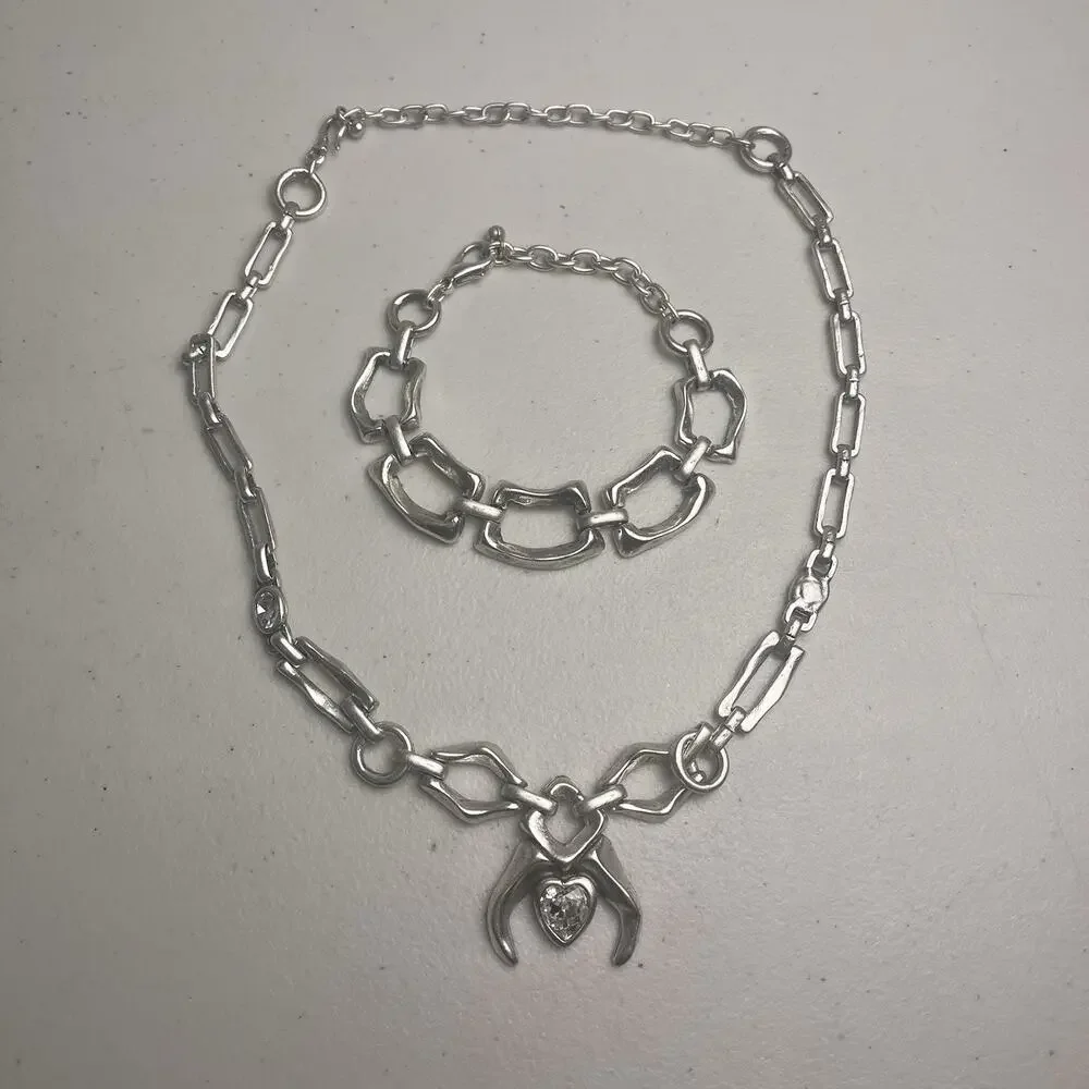 Silver Tone Heart Pendant Necklace Chunky Chain Bracelet Set Statement Bold Y2K